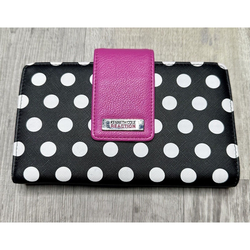 Kenneth Cole Women’s Clutch Wallet Leather Black Polka Dot & Hot Pink NWOT